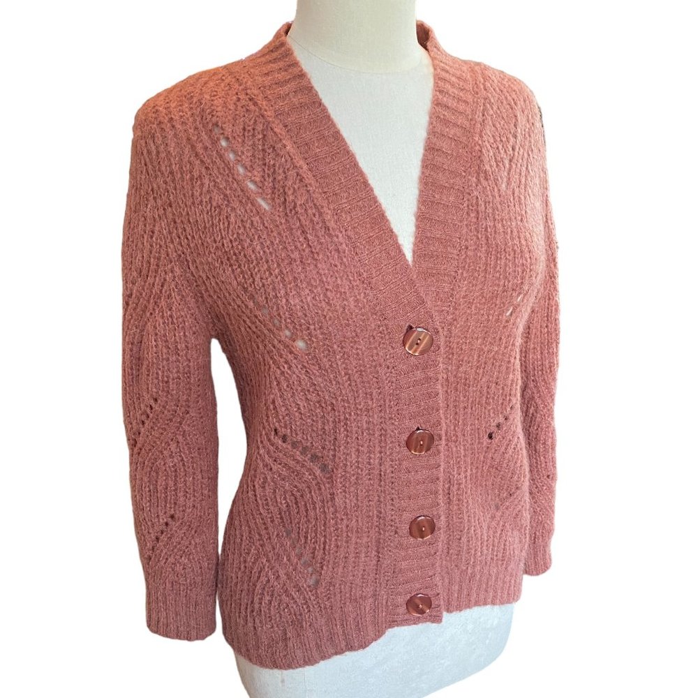 Bartolini Italy Alpaca Pointelle Knit Cardigan Pink Grannycore Cottagecore Sz XS